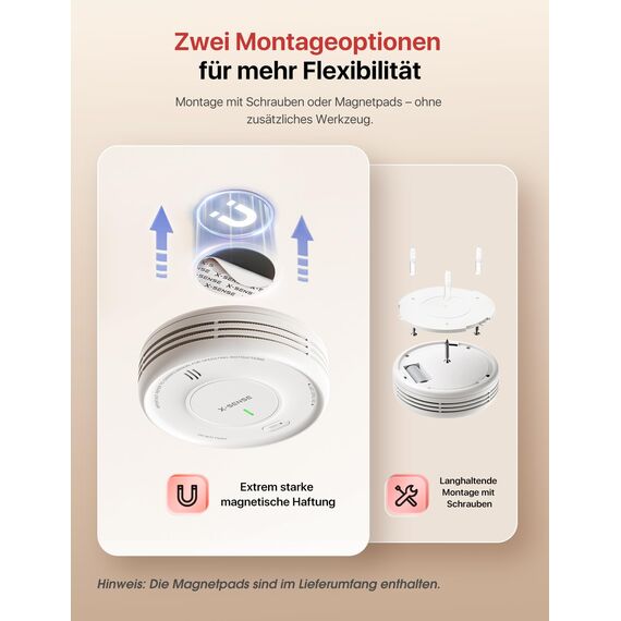 X-Sense Smart Rauchmelder WLAN mit Magnethalterung, vernetzter Feuermelder mit Basisstation SBS50, App-Funktion, Home-Assistant-kompatibel, austauschbare Batterie, XS0D-MR61