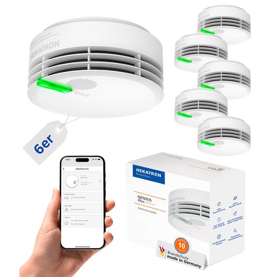 Hekatron Genius Plus – Rauchmelder 10 Jahre Batterie – Testsieger Stiftung Warentest – made in Germany – inkl. 6x Klebepad – App-unterstützt – Feuermelder – mehrsprachig – 6 Stück