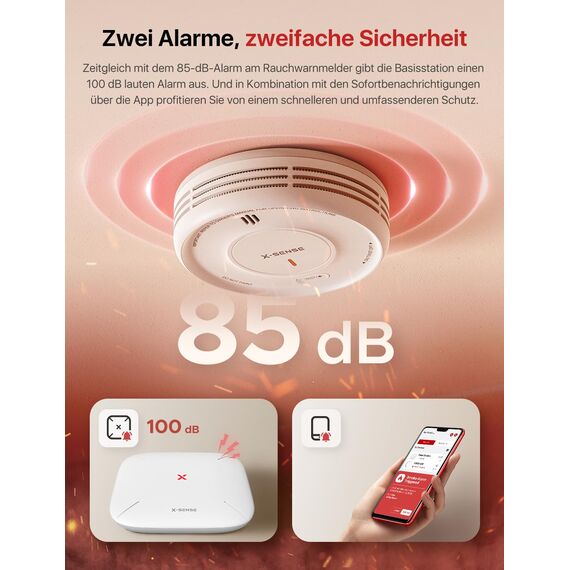 X-Sense Smart Rauchmelder WLAN mit Magnethalterung, vernetzter Feuermelder mit Basisstation SBS50, App-Funktion, Home-Assistant-kompatibel, austauschbare Batterie, XS0D-MR61