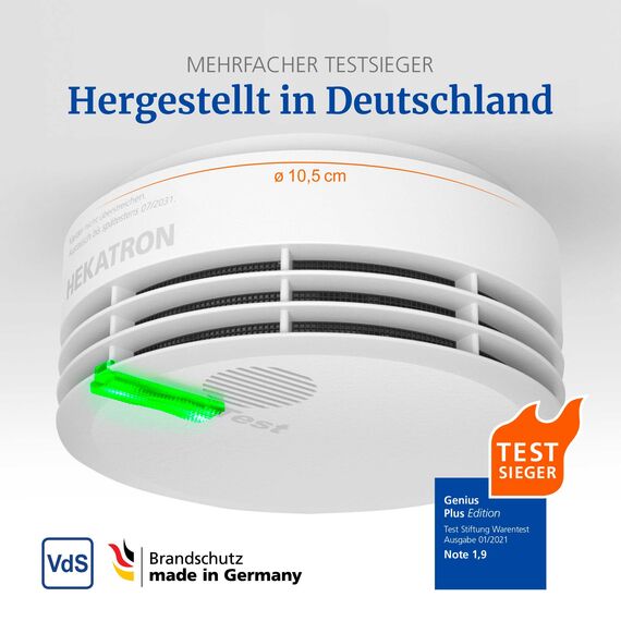 Hekatron Genius Plus – Rauchmelder 10 Jahre Batterie – Testsieger Stiftung Warentest – Made in Germany – inkl. 1x Klebepad – App-unterstützt – Feuermelder – mehrsprachig – 1 Stück