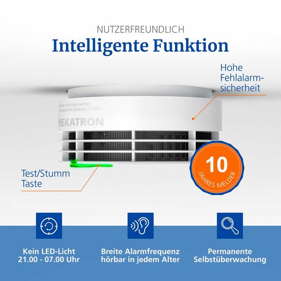 Hekatron Genius Plus – Rauchmelder 10 Jahre Batterie – Testsieger Stiftung Warentest – Made in Germany – inkl. 1x Klebepad – App-unterstützt – Feuermelder – mehrsprachig – 1 Stück