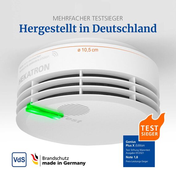 Hekatron Genius Plus – Rauchmelder 10 Jahre Batterie – Testsieger Stiftung Warentest – Made in Germany – inkl. 2X Klebepad – App-unterstützt – Feuermelder – mehrsprachig – 2 Stück