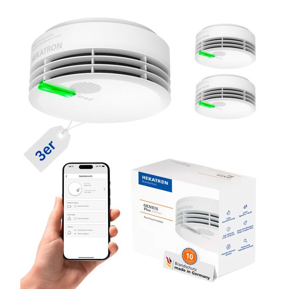 Hekatron Genius Plus – Rauchmelder 10 Jahre Batterie – Testsieger Stiftung Warentest – made in Germany – inkl. 3x Klebepad – App-unterstützt – Feuermelder – mehrsprachig – 3 Stück