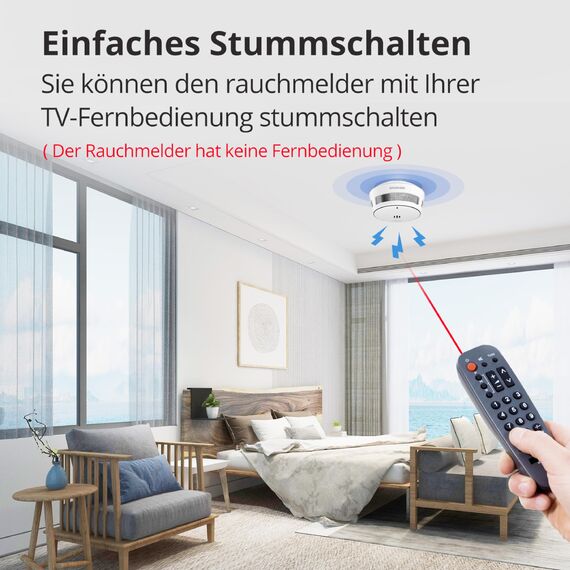 Rauchmelder, 10 Jahre Batterie, Rauchmelder für Zuhause, Feueralarm mit Stummschaltfunktion aus der Ferne, große Test-/Stummschalttaste, konform mit EN14604 (5 Stück)