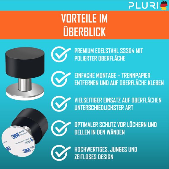PLURI Premium Türstopper Wand selbstklebend 1er Set Schwarz Wandpuffer Gummipuffer Bodentürstopper Türstopper Türgriff Wandschutz Türbügel Wandmontage Bodenmontage