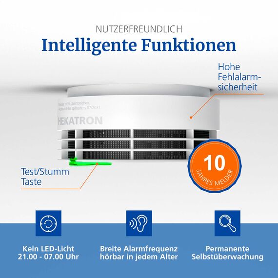 Hekatron Genius Plus – Rauchmelder 10 Jahre Batterie – Testsieger Stiftung Warentest – made in Germany – inkl. 6x Klebepad – App-unterstützt – Feuermelder – mehrsprachig – 6 Stück