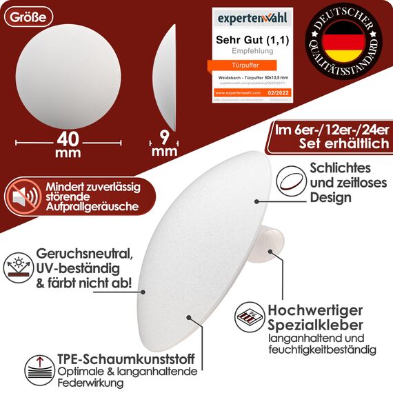 WEIDEBACH® 12x dezente Türstopper Wand, weiße Türpuffer, 40x8 mm selbstklebend, Elastikpuffer für jede Oberfläche, Gummistopper, Türpuffer Wand, Puffer