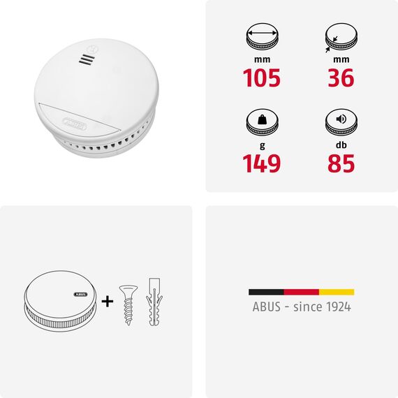 ABUS Rauchmelder RWM90 - mit austauschbarer 5-Jahres-Batterie - DIN EN14604 Zertifiziert - für Wohnräume geeignet - 85 dB Alarmlautstärke - Weiß