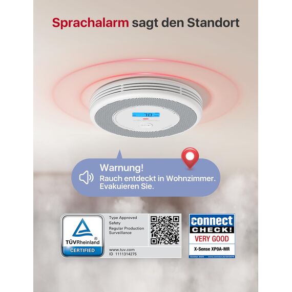 X-Sense Rauch und CO Melder mit Sprachalarm und Standortansage, mit XP0A-MR11 Kits, 30 mm dick ohne SBS50 Basisstation, XP0A-MR, 1 Stück