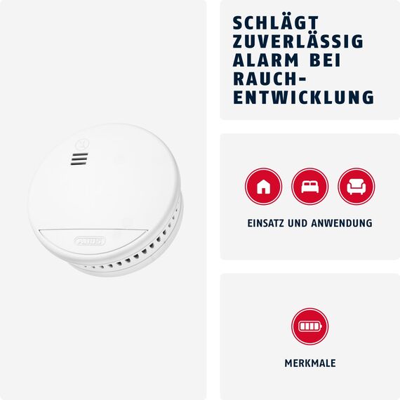 ABUS Rauchmelder RWM90 - mit austauschbarer 5-Jahres-Batterie - DIN EN14604 Zertifiziert - für Wohnräume geeignet - 85 dB Alarmlautstärke - Weiß
