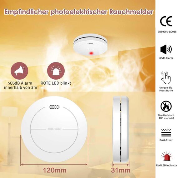 Safeliveo Rauchmelder 5er Set ohne Blinkende LED, mit 10 Jahre Batterie, mit Klebepads，Mute Funktion, 85 dB Alarmton, Standalone Flacher Brandmelder für den Brandschutz zu Hause.