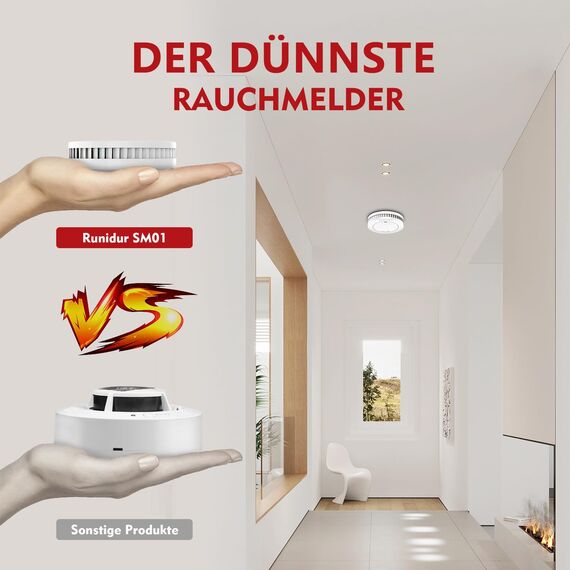 RUNIDUR 6er Rauchmelder Set 10 Jahre Batterie, feuermelder, brandmelder 10 Jahre Batterie, zum kleben, Weiß