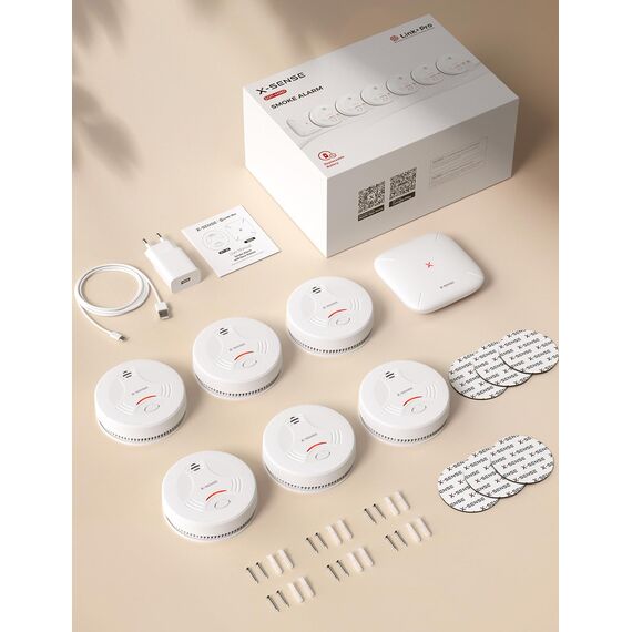 X-Sense Smart-Rauchmelder WLAN mit Magnethalterung, Zertifiziert nach EN 14604, Rauchmelder vernetzt, App-Steuerung, mit Basisstation SBS50, funkvernetzter Feuermelder, SD11-MR61, 6 Stück