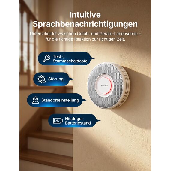 X-Sense Rauchmelder mit 10-Jahres-Batterie, Deutscher Sprachalarm mit Standortangabe (17 Orte), große Testtaste, Standby ohne Blinklicht, XS0B-SN, 3 Stück