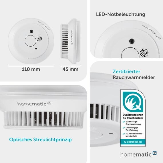 Homematic IP Rauchwarnmelder mit Q-Label, Smart Home, Rauchmelder alarmiert lokal über die Sirene und per Push-Benachrichtigung in der Smartphone-App, integrierte LED-Notbeleuchtung, 156587A0