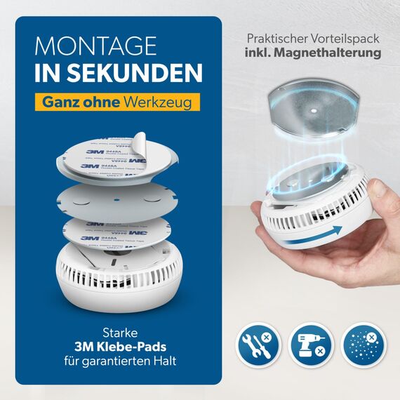 UNITEC Rauchwarnmelder mit Magnethalterung, Montage ohne Werkzeug und Bohren, mit starken 3M Klebepads für sicheren Halt, mit LED-Funktionsanzeige, Alarm bei Rauchentwicklung mit 85 dB
