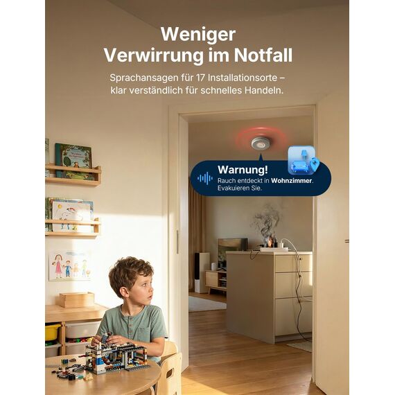 X-Sense Rauchmelder mit 10-Jahres-Batterie, Deutscher Sprachalarm mit Standortangabe (17 Orte), große Testtaste, Standby ohne Blinklicht, XS0B-SN, 1 Stück