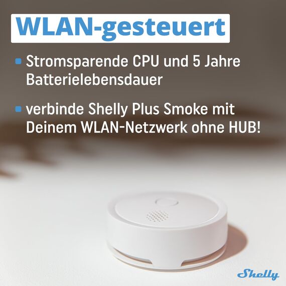 Shelly Plus Smoke - WLAN Rauchmelder, Feuermelder mit Photoelektrischem Sensor, 5 Jahre Batterielebensdauer, EN 14604, LED- und Tonanzeigen, Benachrichtigung, Alexa & Google, kein Hub Erforderlich