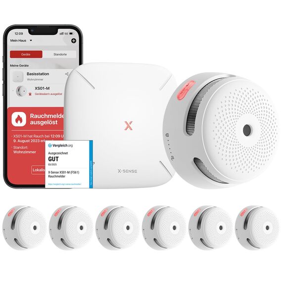 X-Sense Smart Rauchmelder XS01-M mit SBS50 Basisstation, Zertifiziert nach EN 14604, vernetzbare Funkrauchmelder mit WLAN, kompatibel mit der X-Sense Home Security App, weiß, FS61, 6 Stück