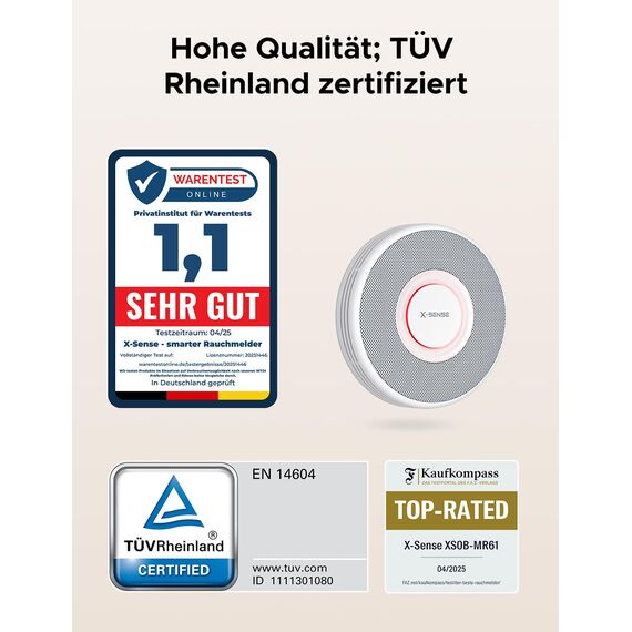 X-Sense Intelligenter WLAN-Rauchmelder mit Sprachalarmsystem und 17 Standorten, Feuermelder, Rauchwarnmelder, nur 33 mm dünn, XS0B-iR, 1 Stück