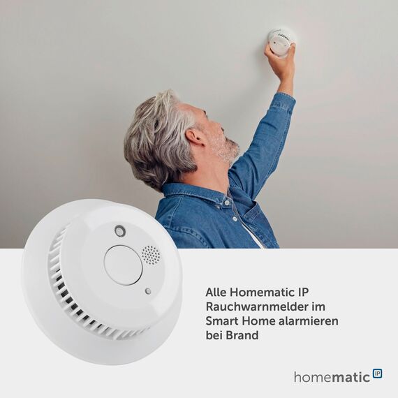 Homematic IP Rauchwarnmelder mit Q-Label, Smart Home, Rauchmelder alarmiert lokal über die Sirene und per Push-Benachrichtigung in der Smartphone-App, integrierte LED-Notbeleuchtung, 156587A0