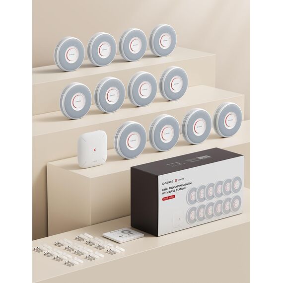 X-Sense Smarter Rauchmelder WLAN mit Sprachausgabe und 17 Standorten, Feuermelder, Rauchmelder vernetzt, 33 mm, Brandmelder mit SBS50 Basisstation, XS0B-MR121, 12 Stück