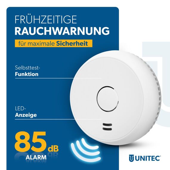 UNITEC Rauchwarnmelder mit Magnethalterung, Montage ohne Werkzeug und Bohren, mit starken 3M Klebepads für sicheren Halt, mit LED-Funktionsanzeige, Alarm bei Rauchentwicklung mit 85 dB