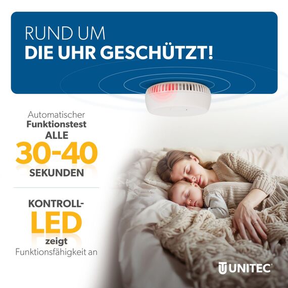 UNITEC Rauchwarnmelder mit Magnethalterung, Montage ohne Werkzeug und Bohren, mit starken 3M Klebepads für sicheren Halt, mit LED-Funktionsanzeige, Alarm bei Rauchentwicklung mit 85 dB