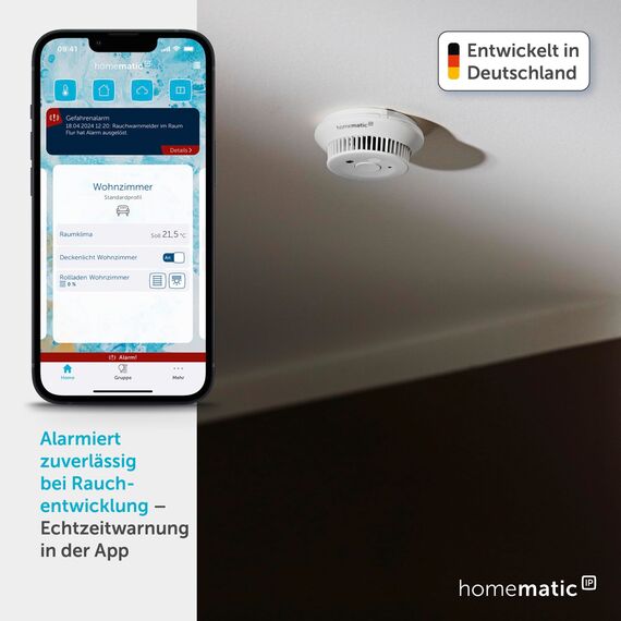 Homematic IP Rauchwarnmelder mit Q-Label, Smart Home, Rauchmelder alarmiert lokal über die Sirene und per Push-Benachrichtigung in der Smartphone-App, integrierte LED-Notbeleuchtung, 156587A0