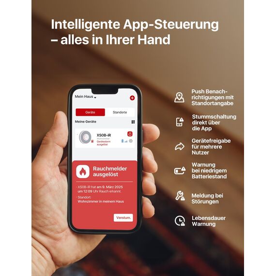X-Sense Intelligenter WLAN-Rauchmelder mit Sprachalarmsystem und 17 Standorten, Feuermelder, Rauchwarnmelder, nur 33 mm dünn, XS0B-iR, 1 Stück