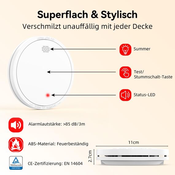CHZHVAN Rauchmelder 10 Jahre Batterie mit Magnethalterung, Europäischen Norm EN14604 Geprüft Feuermelder | Ohne Bohren, 85dB Rauchwarnmelder, 6er Set