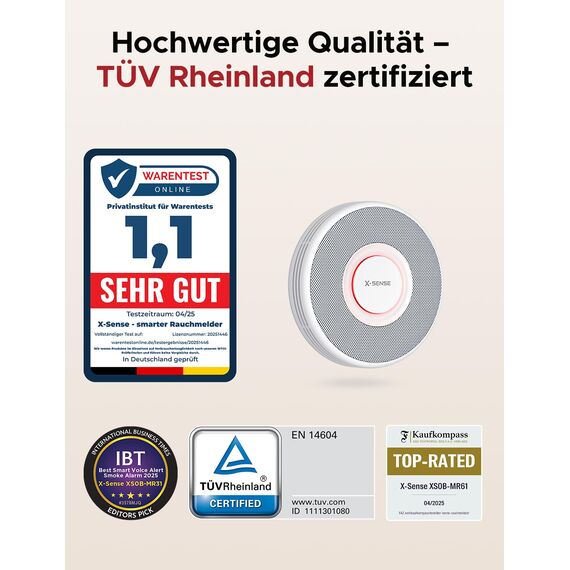 X-Sense Smarter Rauchmelder WLAN mit Sprachausgabe und 17 Standorten, Feuermelder, Rauchmelder vernetzt, 33 mm, Brandmelder mit SBS50 Basisstation, XS0B-MR61, 6 Stück
