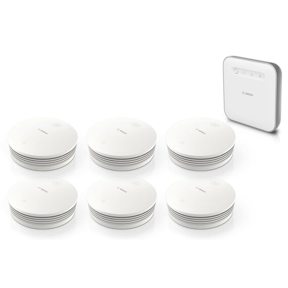 Bosch Smart Home Warnung bei Feuer-Set, 6X Rauchmelder II, 1x Controller II, Funkrauchmelder mit WLAN und App-Funktion, mit austauschbarer Batterie, kompatibel mit Apple HomeKit