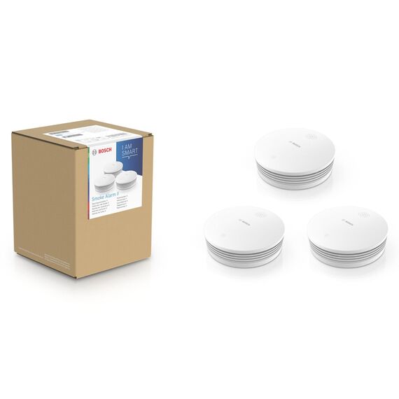 Bosch Smart Home vernetzter Rauchmelder II, Feuermelder mit App-Funktion und austauschbarer Batterie, kompatibel mit Apple HomeKit, 3er Set