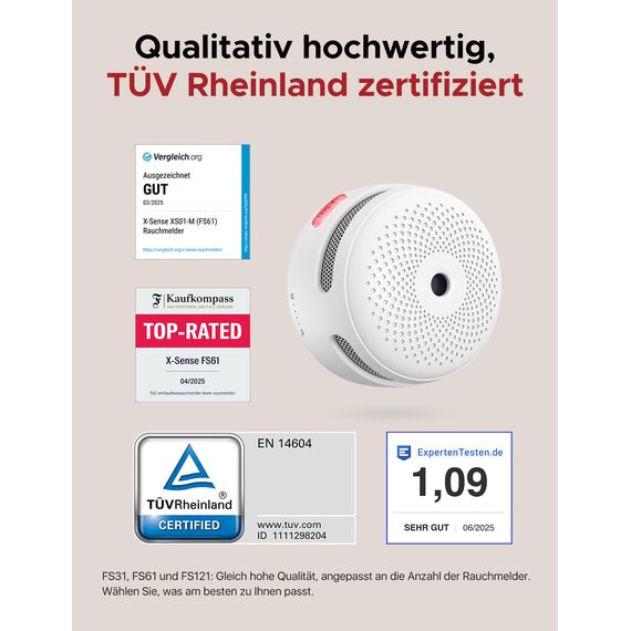 X-Sense Smart Rauchmelder XS01-M ohne SBS50 Basisstation, Zertifiziert nach EN 14604, Funkrauchmelder mit WLAN, vernetzbarer Feuermelder, kompatibel mit der X-Sense Home Security App, XS01-M, 6 Stück