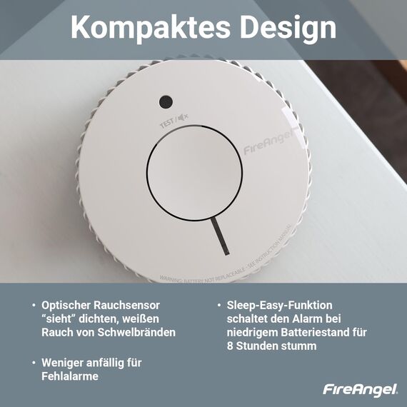 Fire Angel Optischer Rauchmelder - Q-Label - Rauchmelder mit 10 Jahre Batterie für Ihr Heim mit Test-/Stummschaltungstaste - Ersatz für Fire Angel ST-622/ST-620 - Feuermelder mit Frühwarnsystem - Weiß