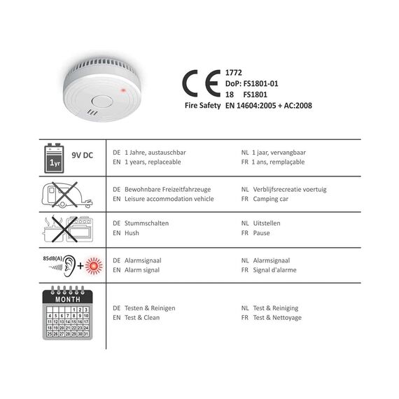 ELRO FS1801 Rauchmelder | 10 Jahre Sensor | Entspricht der Europäischen Norm EN14604 | Weiß | 1 Stück