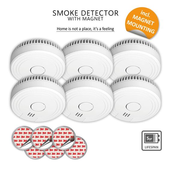 ELRO FS1805M | 6-Teiliges Rauchmelder-Set | Magnetisches Befestigungsset | 5 Jahre Batterie & Garantie | Entspricht der europäischen Norm EN14604 | Weiß | Set mit 6 Stück
