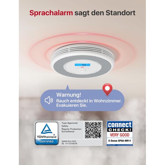 X-Sense WLAN-Rauch- und Kohlenmonoxidmelder, Sprachalarm und Standortansage, 2-in-1 Rauchmelder mit SBS50 Basisstation, XP0A-MR11, 1 Stück