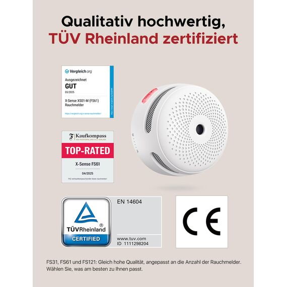 X-Sense Smart Rauchmelder XS01-M ohne SBS50 Basisstation, Zertifiziert nach EN 14604, Funkrauchmelder mit WLAN, vernetzbarer Feuermelder, kompatibel mit der X-Sense Home Security App, XS01-M, 3 Stück