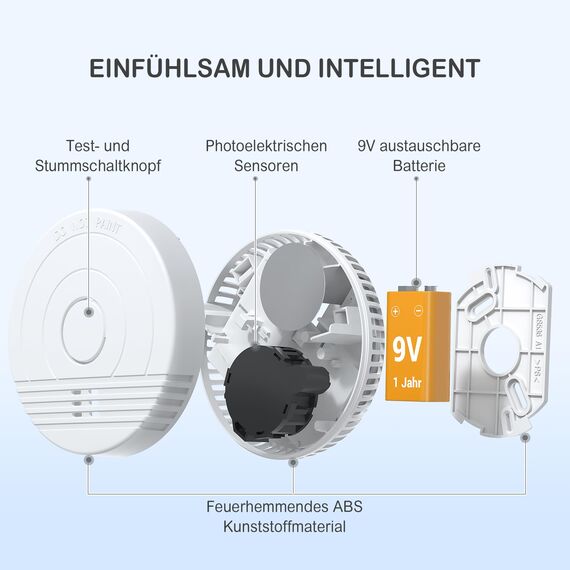 Andyssey Batterie Rauchmelder mit Magnethalterung, Zertifiziert DIN EN14604, Feuermelder mit Fotoelektrischem Sensor, 85 dB Alarmlautstärke, 6 Stück