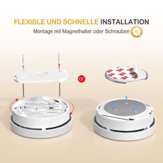 Andyssey Rauchmelder mit Magnethalterung, 10 Jahres Langzeit Batterie Feueralarm mit Fotoelektrischem Sensor EN 14604 Stummschaltung Rauchwarnmelder, GS526