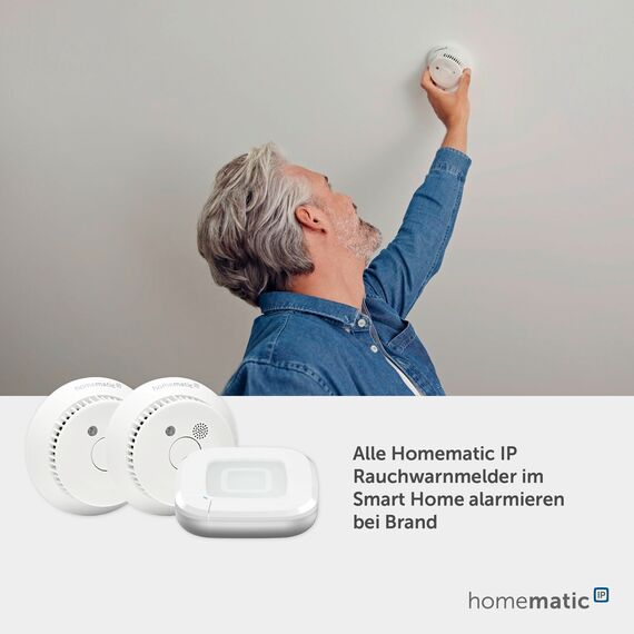 Homematic IP Access Point 2 + 2X Rauchwarnmelder mit Q-Label, Rauchmelder alarmiert lokal über die Sirene und per Push-Benachrichtigung in der Smartphone-App, integrierte LED-Notbeleuchtung
