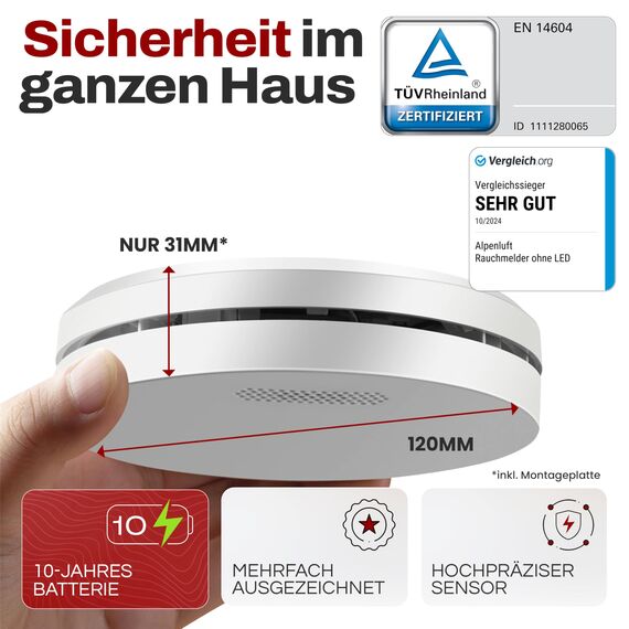 ALPENLUFT Rauchmelder 10 Jahre Batterie, Feuermelder Flach, Rauchwarnmelder, Brandmelder, | Ohne Bohren, Ohne LED Blinken - Rauch Brandschutz Brandmeldeanlage