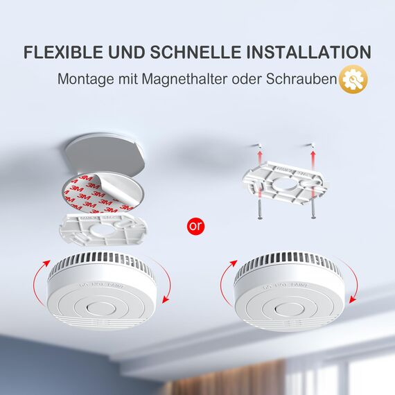 Andyssey Batterie Rauchmelder mit Magnethalterung, Zertifiziert DIN EN14604, Feuermelder mit Fotoelektrischem Sensor, 85 dB Alarmlautstärke, 6 Stück