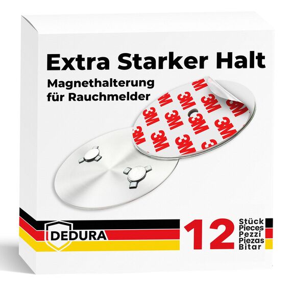 Rauchmelder Magnethalter 12er Set mit extra starken Klebepads - ohne Bohren und Schrauben - Magnethalterung geeignet für alle gängigen Rauchmelder und Feuermelder - Selbstklebende Befestigung