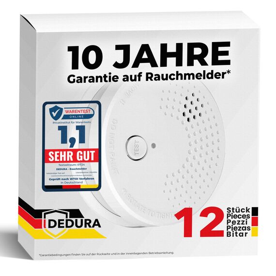 Rauchmelder 12er Set mit 10 Jahre Garantie BSI Zertifiziert nach DIN EN14604 inkl. 9V Batterie Rauchwarnmelder Brandmelder Feuermelder