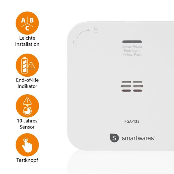 Smartwares Co-Detektor – 85 dB – Sensor 10 Jahre – Benachrichtigungen über App – Testknopf & Stummknopf – FGA-13800, Batteriebetrieben, Weiß