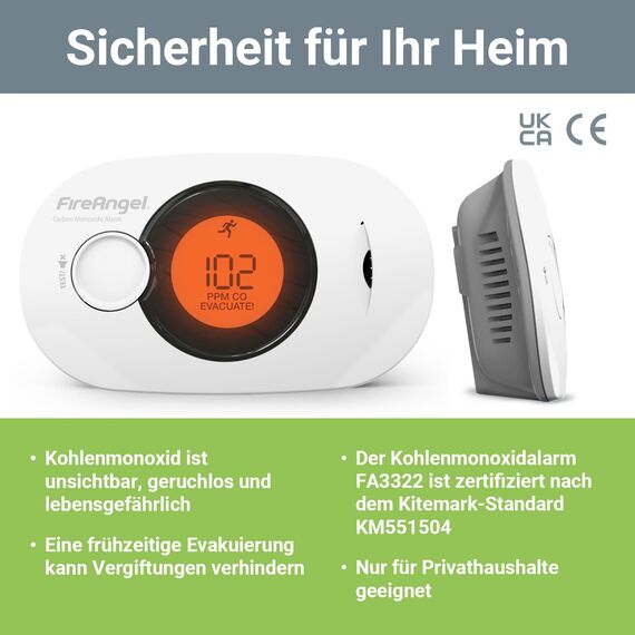 Fire Angel Digitaler Kohlenmonoxidmelder mit Integrierter 10 Jahres Batterie - FA3322 Luftfeuchtigkeits-, Temperatur- und CO-Melder - Tragbar, für Zuhause und Unterwegs - CO Warner