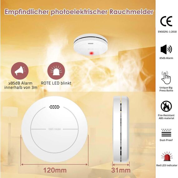 Safeliveo Rauchmelder ohne Blinkende LED, mit 10 Jahre Batterie, mit Klebepads，Mute Funktion, 85 dB Alarmton, Standalone Flacher Brandmelder für den Brandschutz zu Hause 3 Stück.